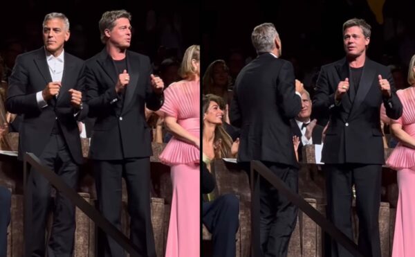 Clooney dan Pitt tampak berjoget saat penayangan perdana film mereka di Venice (sumber: instagram @bradpittofficial)