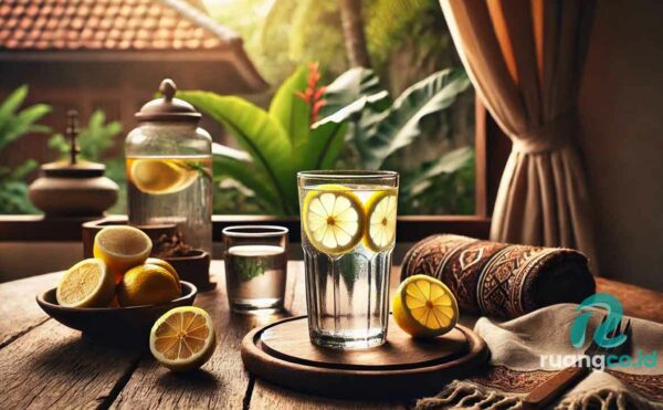 air putih segar di atas meja kayu dengan irisan lemon untuk detoks alami