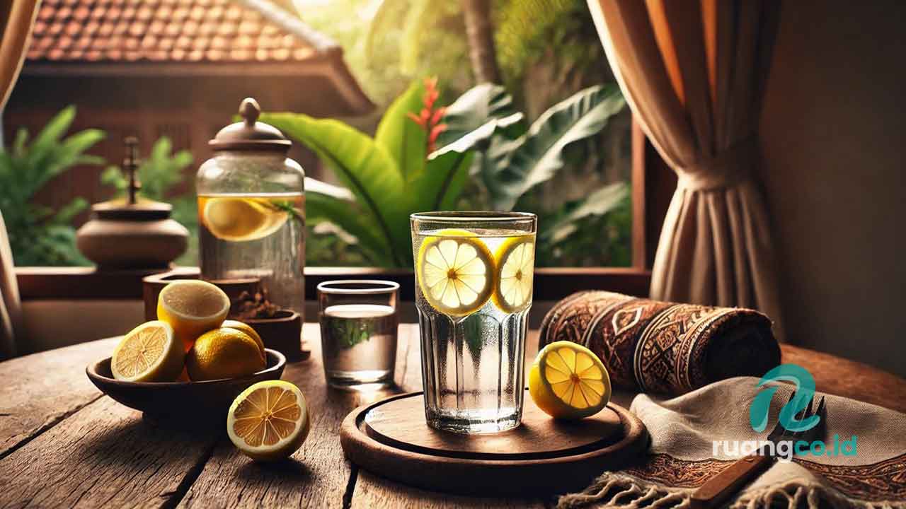 air putih segar di atas meja kayu dengan irisan lemon untuk detoks alami