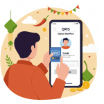 Ilustrasi orang mengirim THR menggunakan QRIS dan dompet digital di smartphone.