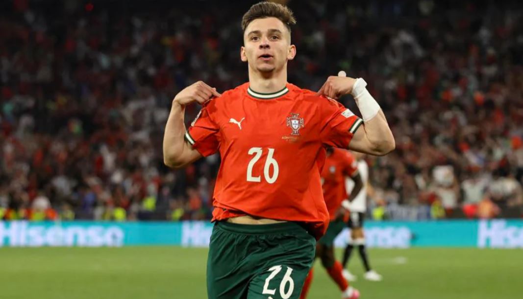 Francisco Conceição mencetak gol ke gawang Jerman di semifinal UEFA Nations League 2025.(c)uefa.com
