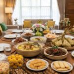 Aneka makanan khas Lebaran seperti ketupat, opor ayam, rendang, dan kue kering tersaji di meja saat Idul Fitri