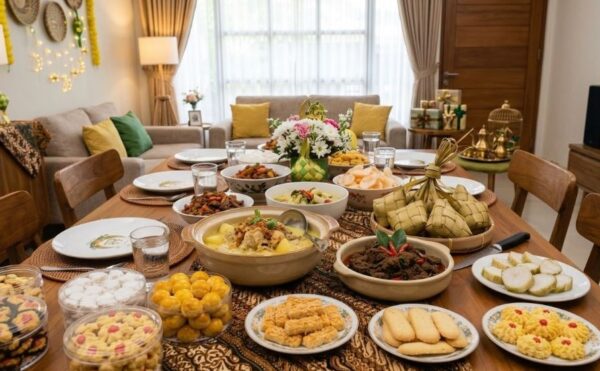 Aneka makanan khas Lebaran seperti ketupat, opor ayam, rendang, dan kue kering tersaji di meja saat Idul Fitri