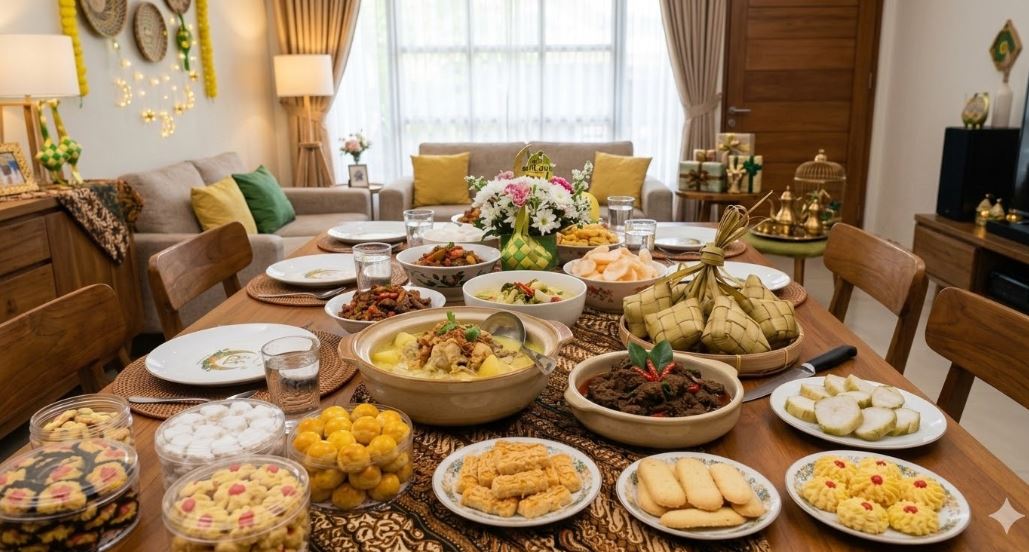 Aneka makanan khas Lebaran seperti ketupat, opor ayam, rendang, dan kue kering tersaji di meja saat Idul Fitri